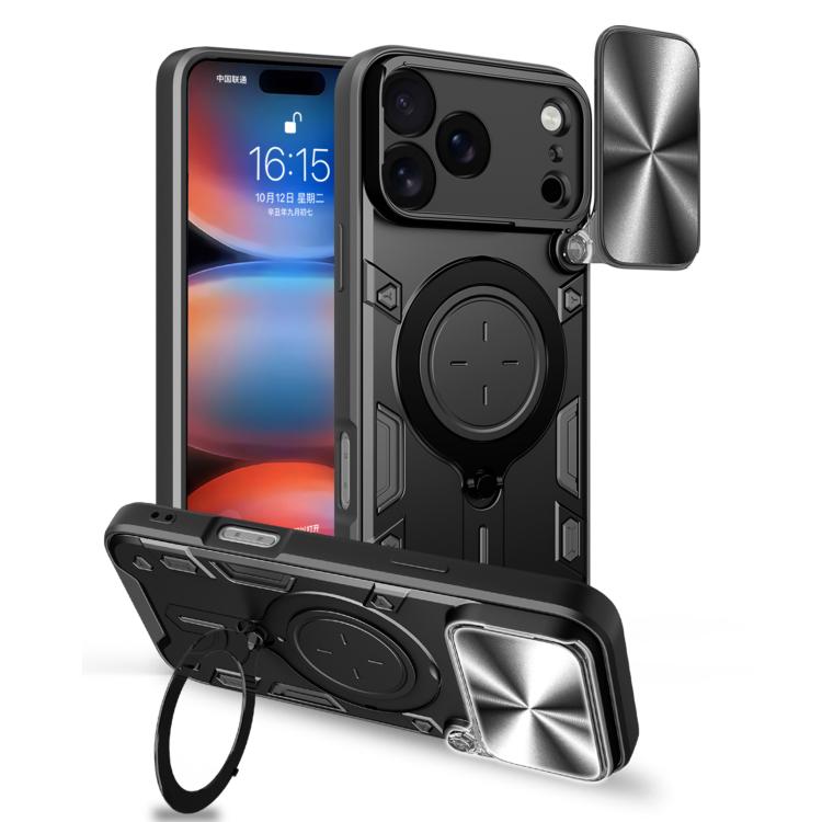 Coque de téléphone avec support magnétique coulissant à texture CD, pour iPhone 17e / 16e, pour iPhone 17 Pro Max, pour iPhone 17 Pro, pour iPhone 17, pour iPhone Air, pour iPhone 16 Pro Max, pour iPhone 16 Pro, pour iPhone 16 Plus