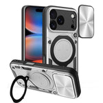 Coque de téléphone avec support magnétique coulissant à texture CD, pour iPhone 17e / 16e, pour iPhone 17 Pro Max, pour iPhone 17 Pro, pour iPhone 17, pour iPhone Air, pour iPhone 16 Pro Max, pour iPhone 16 Pro, pour iPhone 16 Plus
