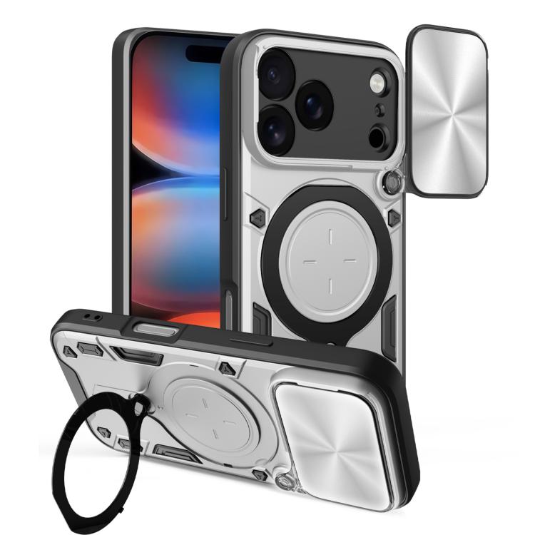Coque de téléphone avec support magnétique coulissant à texture CD, pour iPhone 17e / 16e, pour iPhone 17 Pro Max, pour iPhone 17 Pro, pour iPhone 17, pour iPhone Air, pour iPhone 16 Pro Max, pour iPhone 16 Pro, pour iPhone 16 Plus