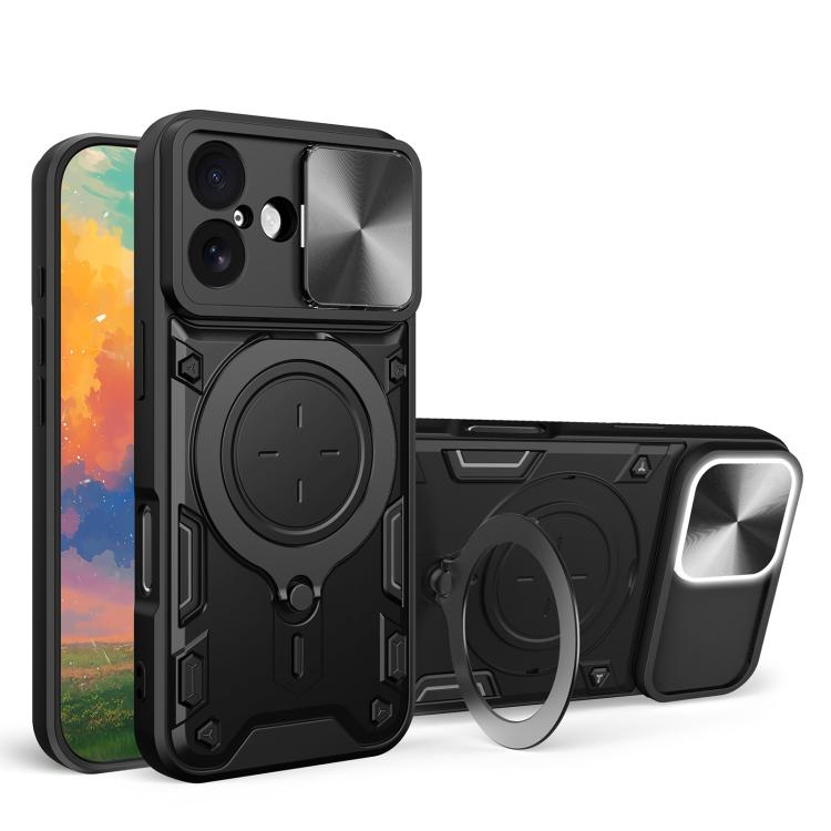 Coque de téléphone avec support magnétique coulissant à texture CD, pour iPhone 17e / 16e, pour iPhone 17 Pro Max, pour iPhone 17 Pro, pour iPhone 17, pour iPhone Air, pour iPhone 16 Pro Max, pour iPhone 16 Pro, pour iPhone 16 Plus