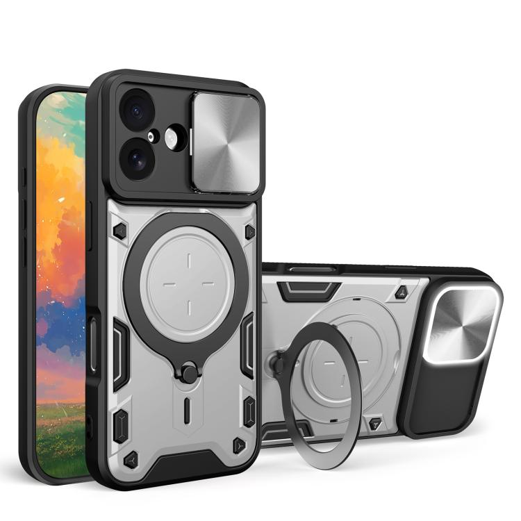 Coque de téléphone avec support magnétique coulissant à texture CD, pour iPhone 17e / 16e, pour iPhone 17 Pro Max, pour iPhone 17 Pro, pour iPhone 17, pour iPhone Air, pour iPhone 16 Pro Max, pour iPhone 16 Pro, pour iPhone 16 Plus
