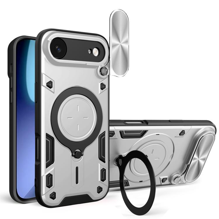 Coque de téléphone avec support magnétique coulissant à texture CD, pour iPhone 17e / 16e, pour iPhone 17 Pro Max, pour iPhone 17 Pro, pour iPhone 17, pour iPhone Air, pour iPhone 16 Pro Max, pour iPhone 16 Pro, pour iPhone 16 Plus