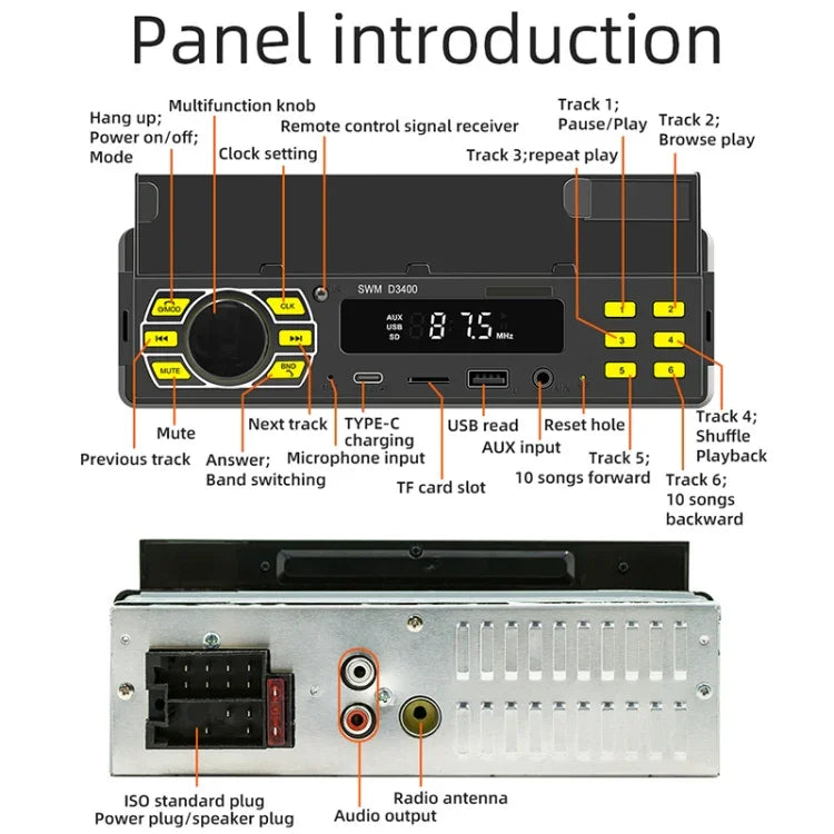 Autoradio Bluetooth SWM D3400 avec lecteur MP3, prise en charge de l'assistant vocal intelligent et de la radio FM