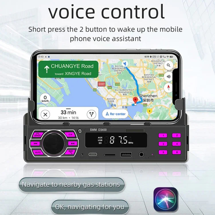 Autoradio Bluetooth SWM D3400 avec lecteur MP3, prise en charge de l'assistant vocal intelligent et de la radio FM