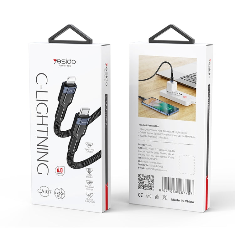 YESIDO CA107 câble de charge et transfert de données 1,2m 2,4A USB-C / Type-C vers 8 broches OD0.6, CA107