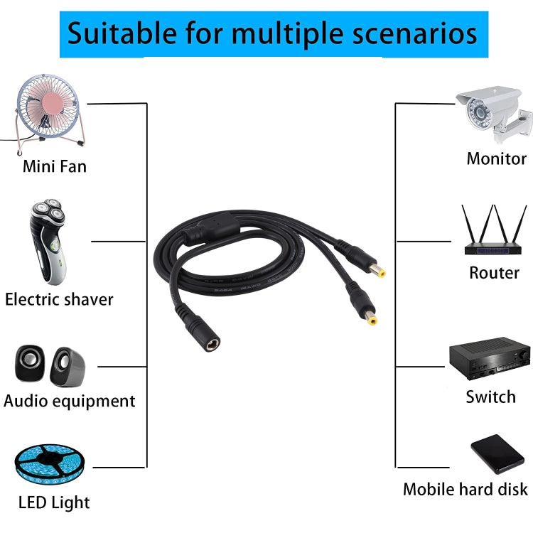 Adaptateur séparateur d'alimentation DC 1 vers 2 prise femelle 5,5 x 2,5mm vers mâle, longueur du câble : 70cm