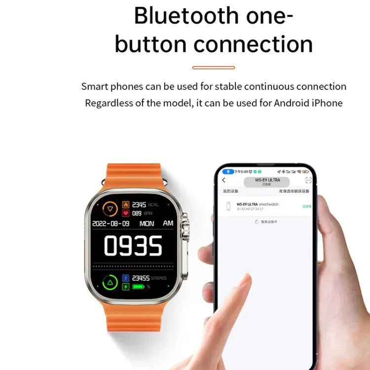 Montre connectée WS-E9 Ultra 2,2 pouces, étanche IP67, boucle en métal, bracelet en silicone océan, compatible avec la fréquence cardiaque et la technologie NFC.