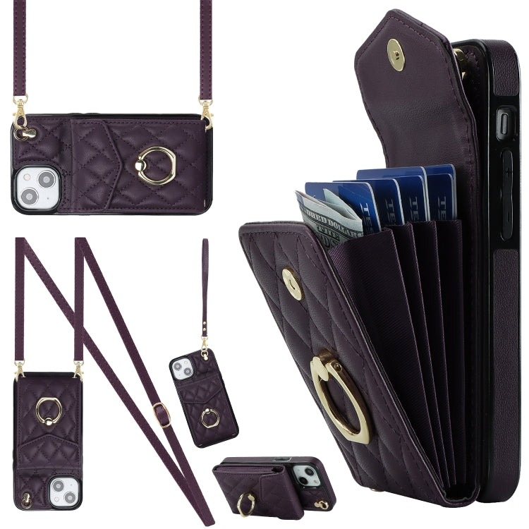 Étui de téléphone avec porte-cartes et texture losange avec longue lanière, Pour iPhone 15 Pro, Pour iPhone 15 Plus, Pour iPhone 15, Pour iPhone 14 Plus, Pour iPhone 14, Pour iPhone 14 Pro