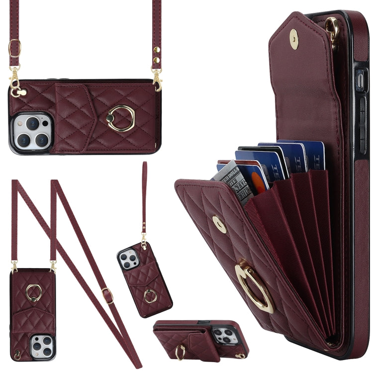 Étui de téléphone avec porte-cartes et texture losange avec longue lanière, Pour iPhone 15 Pro, Pour iPhone 15 Plus, Pour iPhone 15, Pour iPhone 14 Plus, Pour iPhone 14, Pour iPhone 14 Pro