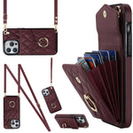 Étui de téléphone avec pochette pour cartes à texture losange et lanière longue, pour iPhone 14 Pro Max, pour iPhone 13 Pro Max, pour iPhone 13 Pro, pour iPhone 13, pour iPhone 12 / 12 Pro, pour iPhone 12 Pro Max
