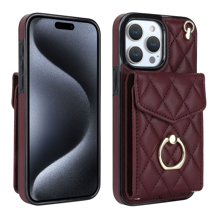 Étui de téléphone avec porte-cartes et texture losange avec longue lanière, Pour iPhone 15 Pro, Pour iPhone 15 Plus, Pour iPhone 15, Pour iPhone 14 Plus, Pour iPhone 14, Pour iPhone 14 Pro