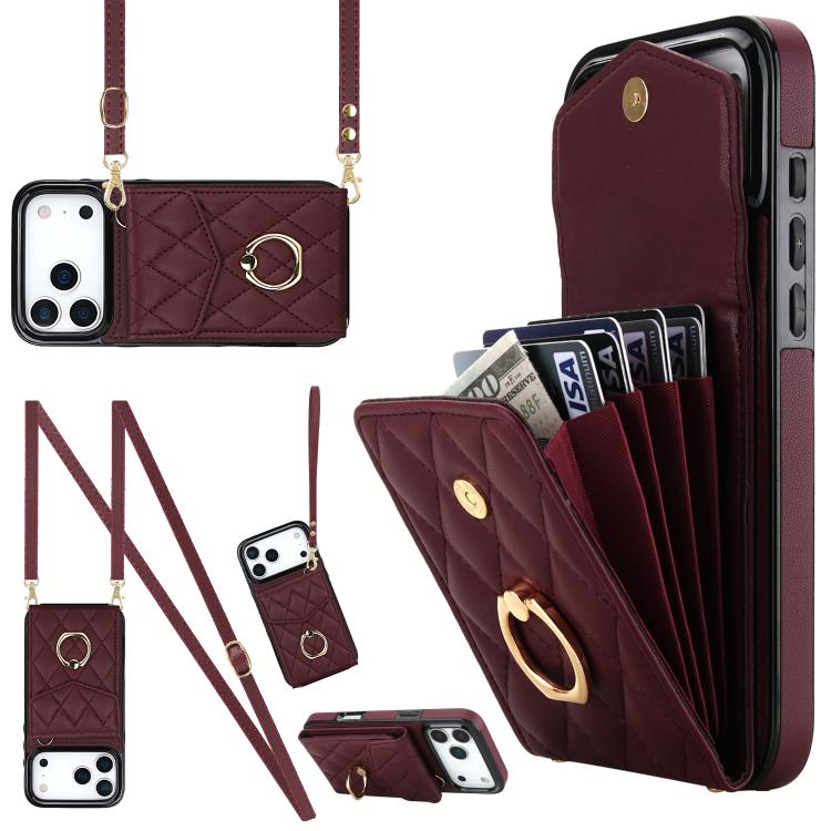 Étui de téléphone à motif losanges avec porte-cartes et longue lanière, pour iPhone 17e / 16e, pour iPhone 17 Pro Max, pour iPhone 17 Pro, pour iPhone 17, pour iPhone Air, pour iPhone 15 Pro Max