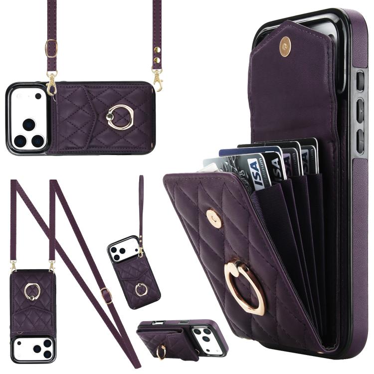 Étui de téléphone à motif losanges avec porte-cartes et longue lanière, pour iPhone 17e / 16e, pour iPhone 17 Pro Max, pour iPhone 17 Pro, pour iPhone 17, pour iPhone Air, pour iPhone 15 Pro Max