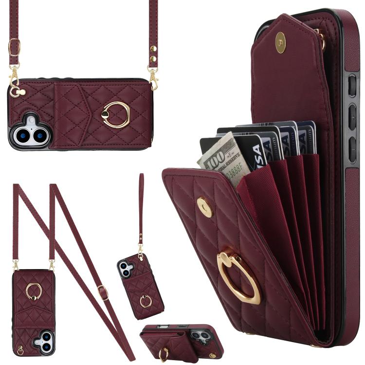 Étui de téléphone à motif losanges avec porte-cartes et longue lanière, pour iPhone 17e / 16e, pour iPhone 17 Pro Max, pour iPhone 17 Pro, pour iPhone 17, pour iPhone Air, pour iPhone 15 Pro Max