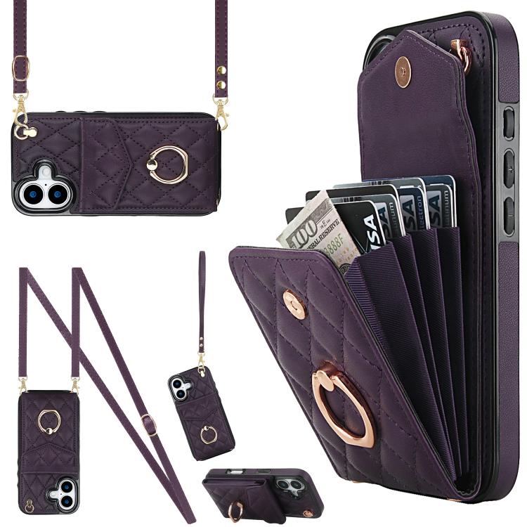 Étui de téléphone à motif losanges avec porte-cartes et longue lanière, pour iPhone 17e / 16e, pour iPhone 17 Pro Max, pour iPhone 17 Pro, pour iPhone 17, pour iPhone Air, pour iPhone 15 Pro Max