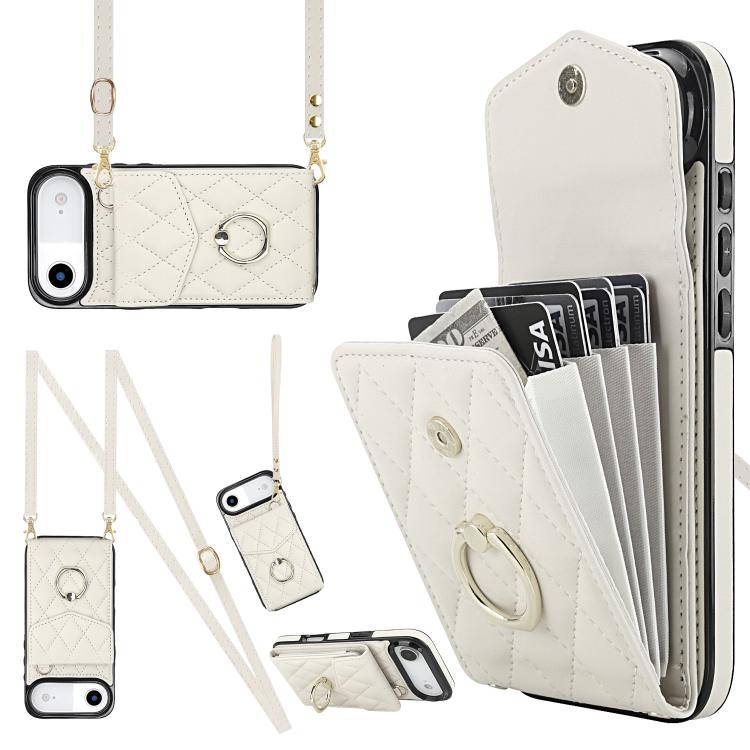 Étui de téléphone à motif losanges avec porte-cartes et longue lanière, pour iPhone 17e / 16e, pour iPhone 17 Pro Max, pour iPhone 17 Pro, pour iPhone 17, pour iPhone Air, pour iPhone 15 Pro Max