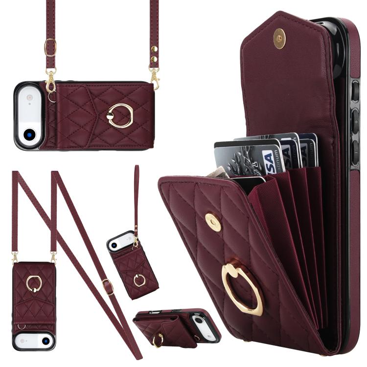 Étui de téléphone à motif losanges avec porte-cartes et longue lanière, pour iPhone 17e / 16e, pour iPhone 17 Pro Max, pour iPhone 17 Pro, pour iPhone 17, pour iPhone Air, pour iPhone 15 Pro Max