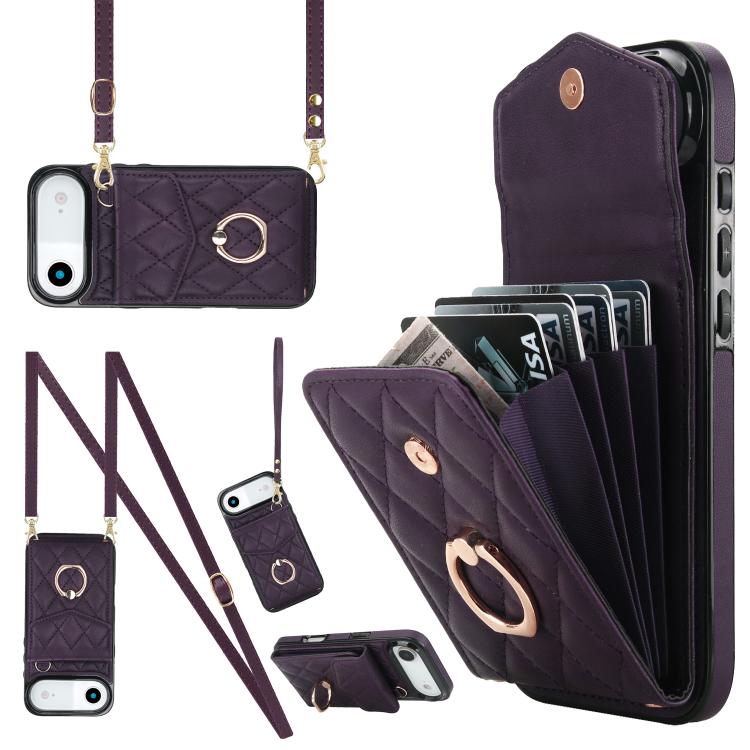 Étui de téléphone à motif losanges avec porte-cartes et longue lanière, pour iPhone 17e / 16e, pour iPhone 17 Pro Max, pour iPhone 17 Pro, pour iPhone 17, pour iPhone Air, pour iPhone 15 Pro Max