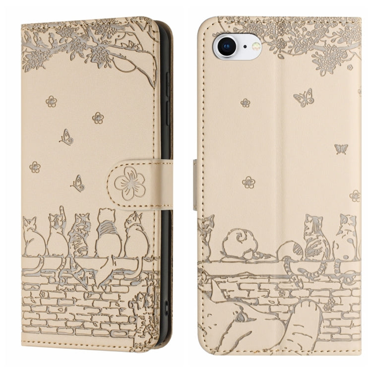 Étui de téléphone en cuir avec motif chat en relief et cordon, pour iPhone 16e / 17e, pour iPhone 17 Pro Max, pour iPhone 17 Pro, pour iPhone 17, pour iPhone Air, pour iPhone 16 Pro Max, pour iPhone 16 Pro, pour iPhone 16 Plus, pour iPhone 16