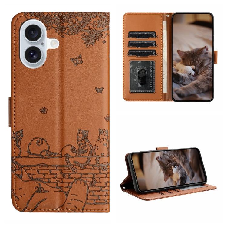 Étui de téléphone en cuir avec motif chat en relief et cordon, pour iPhone 16e / 17e, pour iPhone 17 Pro Max, pour iPhone 17 Pro, pour iPhone 17, pour iPhone Air, pour iPhone 16 Pro Max, pour iPhone 16 Pro, pour iPhone 16 Plus, pour iPhone 16