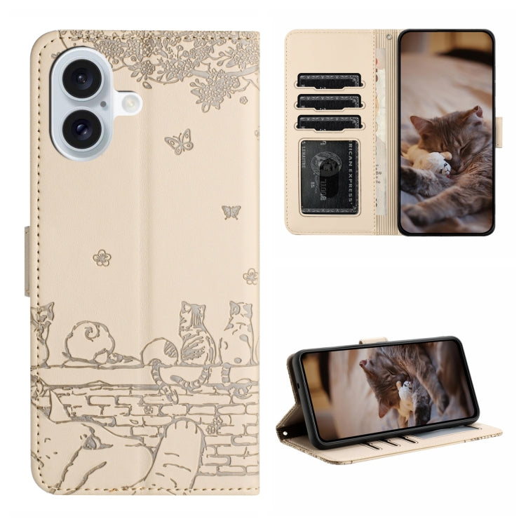 Étui de téléphone en cuir avec motif chat en relief et cordon, pour iPhone 16e / 17e, pour iPhone 17 Pro Max, pour iPhone 17 Pro, pour iPhone 17, pour iPhone Air, pour iPhone 16 Pro Max, pour iPhone 16 Pro, pour iPhone 16 Plus, pour iPhone 16