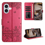 Étui de téléphone en cuir avec motif chat en relief et cordon, pour iPhone 16e / 17e, pour iPhone 17 Pro Max, pour iPhone 17 Pro, pour iPhone 17, pour iPhone Air, pour iPhone 16 Pro Max, pour iPhone 16 Pro, pour iPhone 16 Plus, pour iPhone 16