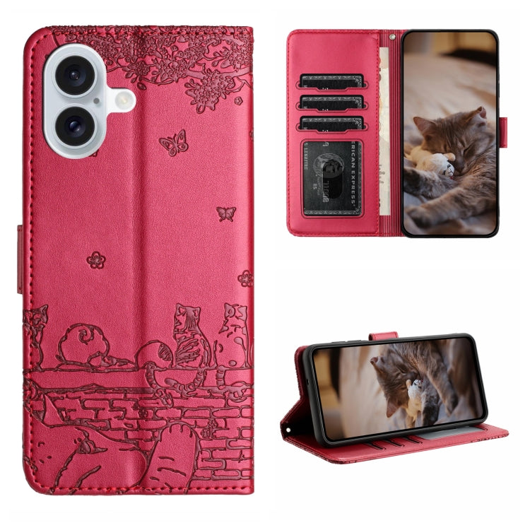 Étui de téléphone en cuir avec motif chat en relief et cordon, pour iPhone 16e / 17e, pour iPhone 17 Pro Max, pour iPhone 17 Pro, pour iPhone 17, pour iPhone Air, pour iPhone 16 Pro Max, pour iPhone 16 Pro, pour iPhone 16 Plus, pour iPhone 16