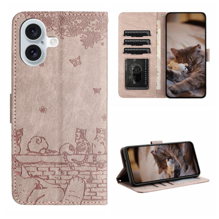 Étui de téléphone en cuir avec motif chat en relief et cordon, pour iPhone 16e / 17e, pour iPhone 17 Pro Max, pour iPhone 17 Pro, pour iPhone 17, pour iPhone Air, pour iPhone 16 Pro Max, pour iPhone 16 Pro, pour iPhone 16 Plus, pour iPhone 16