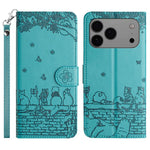 Étui de téléphone en cuir avec motif chat en relief et cordon, pour iPhone 16e / 17e, pour iPhone 17 Pro Max, pour iPhone 17 Pro, pour iPhone 17, pour iPhone Air, pour iPhone 16 Pro Max, pour iPhone 16 Pro, pour iPhone 16 Plus, pour iPhone 16