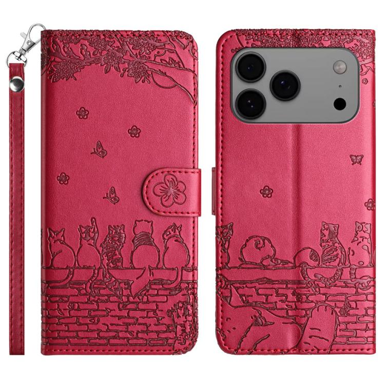 Étui de téléphone en cuir avec motif chat en relief et cordon, pour iPhone 16e / 17e, pour iPhone 17 Pro Max, pour iPhone 17 Pro, pour iPhone 17, pour iPhone Air, pour iPhone 16 Pro Max, pour iPhone 16 Pro, pour iPhone 16 Plus, pour iPhone 16