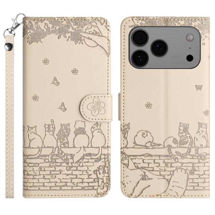 Étui de téléphone en cuir avec motif chat en relief et cordon, pour iPhone 16e / 17e, pour iPhone 17 Pro Max, pour iPhone 17 Pro, pour iPhone 17, pour iPhone Air, pour iPhone 16 Pro Max, pour iPhone 16 Pro, pour iPhone 16 Plus, pour iPhone 16