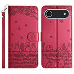 Étui de téléphone en cuir avec motif chat en relief et cordon, pour iPhone 16e / 17e, pour iPhone 17 Pro Max, pour iPhone 17 Pro, pour iPhone 17, pour iPhone Air, pour iPhone 16 Pro Max, pour iPhone 16 Pro, pour iPhone 16 Plus, pour iPhone 16