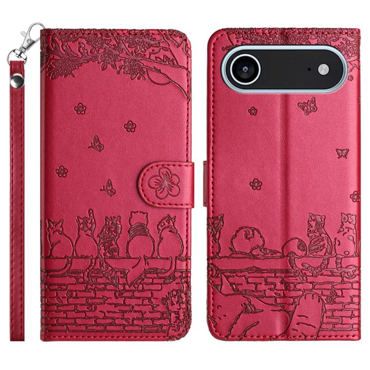 Étui de téléphone en cuir avec motif chat en relief et cordon, pour iPhone 16e / 17e, pour iPhone 17 Pro Max, pour iPhone 17 Pro, pour iPhone 17, pour iPhone Air, pour iPhone 16 Pro Max, pour iPhone 16 Pro, pour iPhone 16 Plus, pour iPhone 16