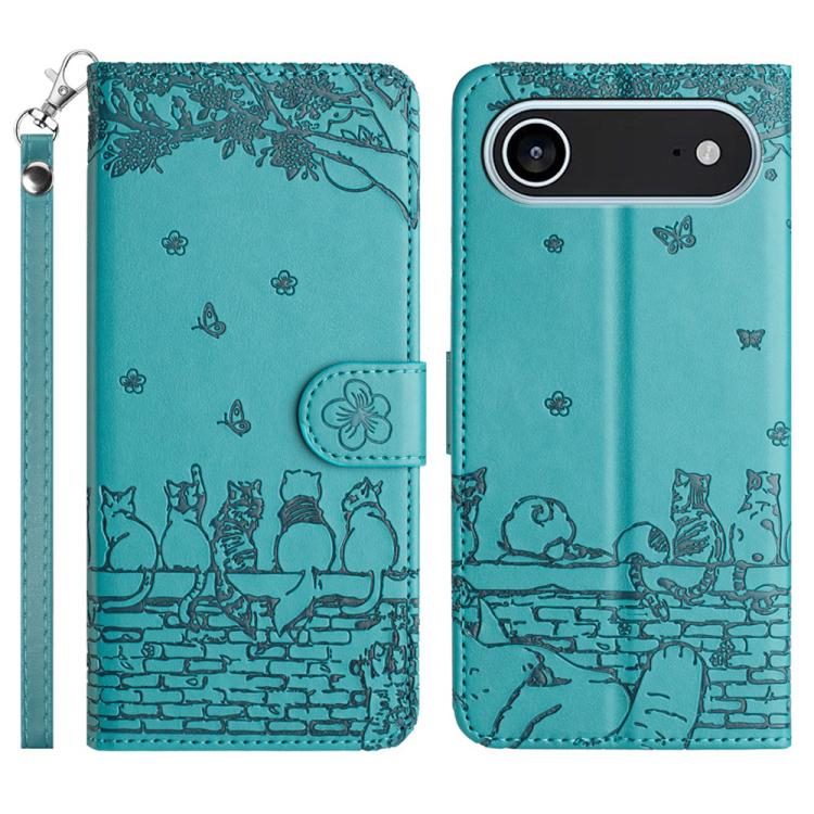 Étui de téléphone en cuir avec motif chat en relief et cordon, pour iPhone 16e / 17e, pour iPhone 17 Pro Max, pour iPhone 17 Pro, pour iPhone 17, pour iPhone Air, pour iPhone 16 Pro Max, pour iPhone 16 Pro, pour iPhone 16 Plus, pour iPhone 16
