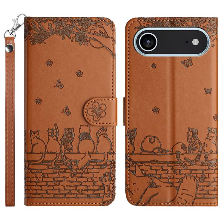 Étui de téléphone en cuir avec motif chat en relief et cordon, pour iPhone 16e / 17e, pour iPhone 17 Pro Max, pour iPhone 17 Pro, pour iPhone 17, pour iPhone Air, pour iPhone 16 Pro Max, pour iPhone 16 Pro, pour iPhone 16 Plus, pour iPhone 16