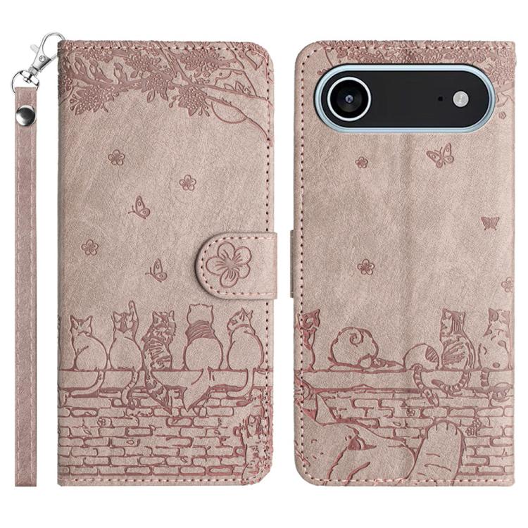 Étui de téléphone en cuir avec motif chat en relief et cordon, pour iPhone 16e / 17e, pour iPhone 17 Pro Max, pour iPhone 17 Pro, pour iPhone 17, pour iPhone Air, pour iPhone 16 Pro Max, pour iPhone 16 Pro, pour iPhone 16 Plus, pour iPhone 16