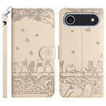Étui de téléphone en cuir avec motif chat en relief et cordon, pour iPhone 16e / 17e, pour iPhone 17 Pro Max, pour iPhone 17 Pro, pour iPhone 17, pour iPhone Air, pour iPhone 16 Pro Max, pour iPhone 16 Pro, pour iPhone 16 Plus, pour iPhone 16