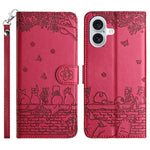 Étui de téléphone en cuir avec motif chat en relief et cordon, pour iPhone 16e / 17e, pour iPhone 17 Pro Max, pour iPhone 17 Pro, pour iPhone 17, pour iPhone Air, pour iPhone 16 Pro Max, pour iPhone 16 Pro, pour iPhone 16 Plus, pour iPhone 16