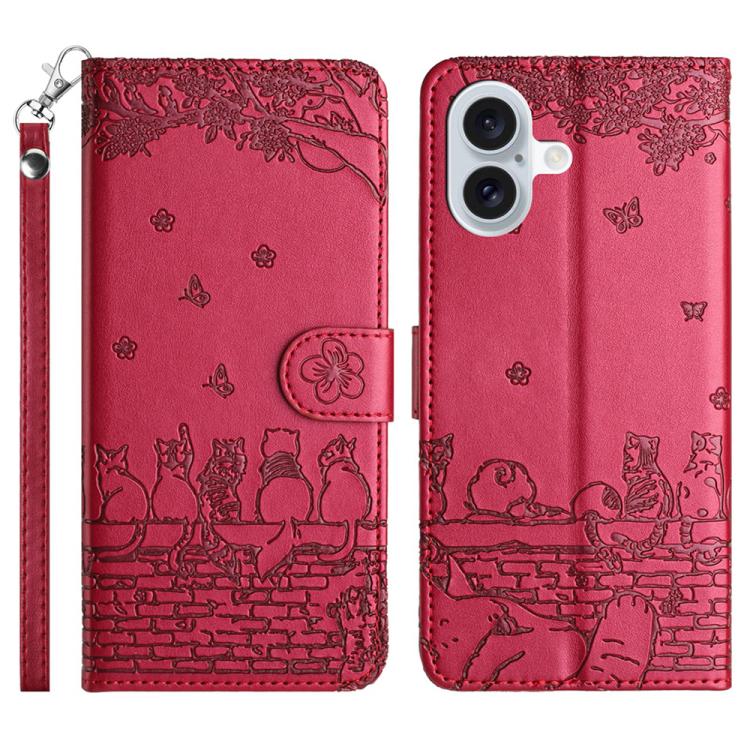 Étui de téléphone en cuir avec motif chat en relief et cordon, pour iPhone 16e / 17e, pour iPhone 17 Pro Max, pour iPhone 17 Pro, pour iPhone 17, pour iPhone Air, pour iPhone 16 Pro Max, pour iPhone 16 Pro, pour iPhone 16 Plus, pour iPhone 16