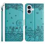 Étui de téléphone en cuir avec motif chat en relief et cordon, pour iPhone 16e / 17e, pour iPhone 17 Pro Max, pour iPhone 17 Pro, pour iPhone 17, pour iPhone Air, pour iPhone 16 Pro Max, pour iPhone 16 Pro, pour iPhone 16 Plus, pour iPhone 16