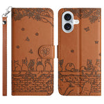 Étui de téléphone en cuir avec motif chat en relief et cordon, pour iPhone 16e / 17e, pour iPhone 17 Pro Max, pour iPhone 17 Pro, pour iPhone 17, pour iPhone Air, pour iPhone 16 Pro Max, pour iPhone 16 Pro, pour iPhone 16 Plus, pour iPhone 16