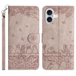 Étui de téléphone en cuir avec motif chat en relief et cordon, pour iPhone 16e / 17e, pour iPhone 17 Pro Max, pour iPhone 17 Pro, pour iPhone 17, pour iPhone Air, pour iPhone 16 Pro Max, pour iPhone 16 Pro, pour iPhone 16 Plus, pour iPhone 16