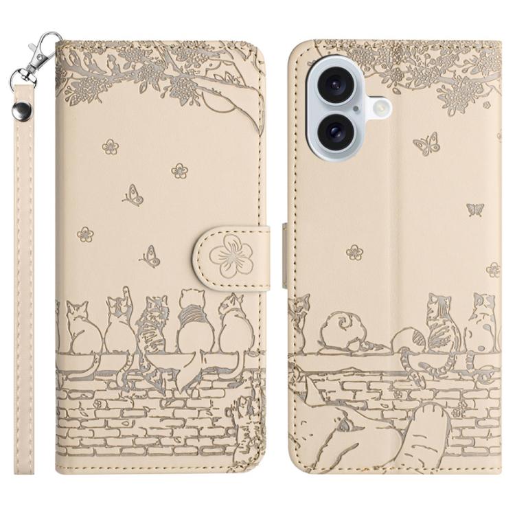 Étui de téléphone en cuir avec motif chat en relief et cordon, pour iPhone 16e / 17e, pour iPhone 17 Pro Max, pour iPhone 17 Pro, pour iPhone 17, pour iPhone Air, pour iPhone 16 Pro Max, pour iPhone 16 Pro, pour iPhone 16 Plus, pour iPhone 16