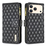 Étui portefeuille à rabat en cuir avec fermeture éclair à motif losanges, pour iPhone 17 Pro Max, pour iPhone 17 Pro, pour iPhone 17, pour iPhone Air, pour iPhone 16 Pro Max, pour iPhone 16 Pro, pour iPhone 16 Plus, pour iPhone 16