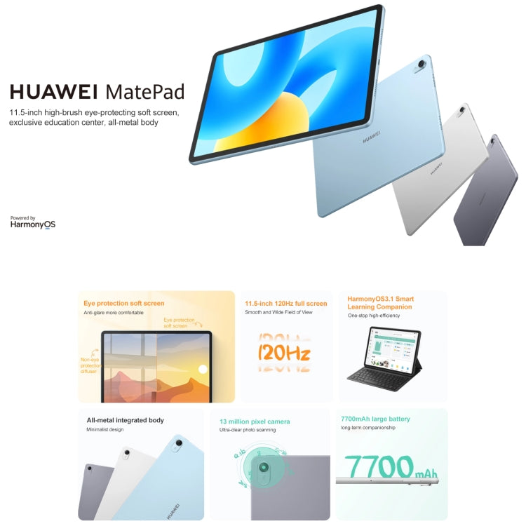 HUAWEI MatePad 11,5 pouces 2023 WIFI, HarmonyOS 3.1 Qualcomm Snapdragon 7 Gen 1 Octa Core, Ne supporte pas Google Play, 8 Go+128 Go, 8 Go+256 Go, Écran diffus 8 Go+128 Go, Écran diffus 8 Go+256 Go