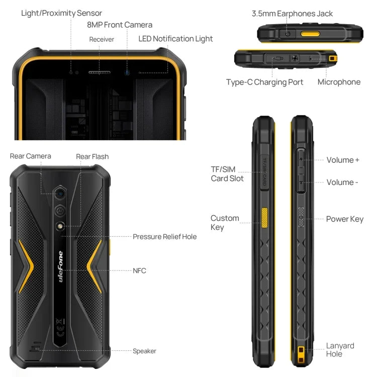 Ulefone Armor X12 Pro, téléphone robuste certifié IP68/IP69K, écran 5,45 pouces, Android 15, processeur octa-core MediaTek Helio G36, réseau : 4G, NFC, 4 Go de RAM + 64 Go de stockage