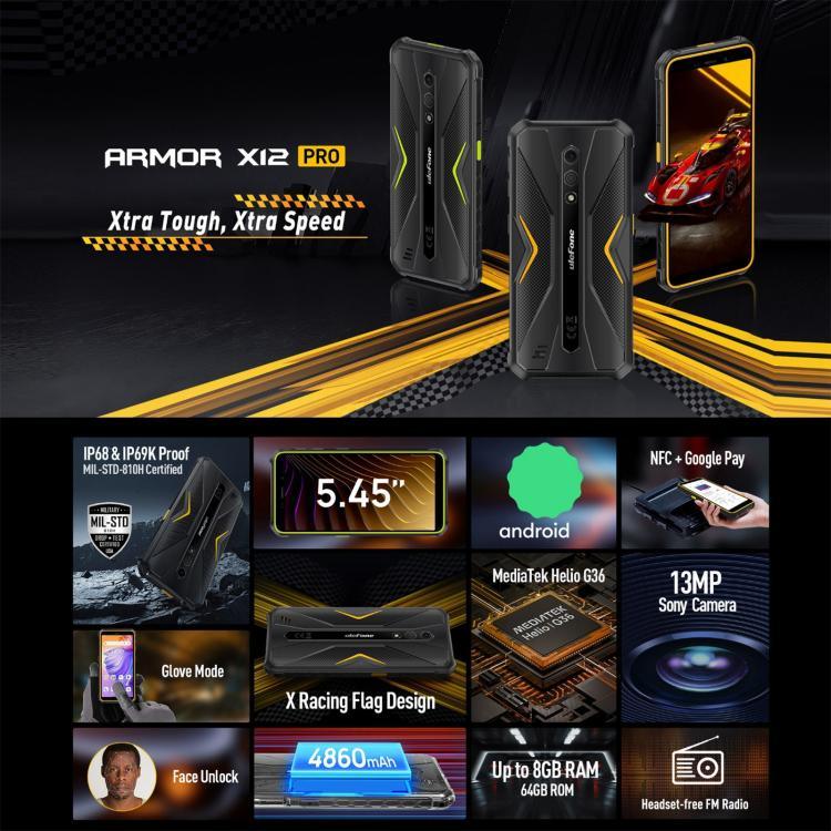 Ulefone Armor X12 Pro, téléphone robuste certifié IP68/IP69K, écran 5,45 pouces, Android 15, processeur octa-core MediaTek Helio G36, réseau : 4G, NFC, 4 Go de RAM + 64 Go de stockage