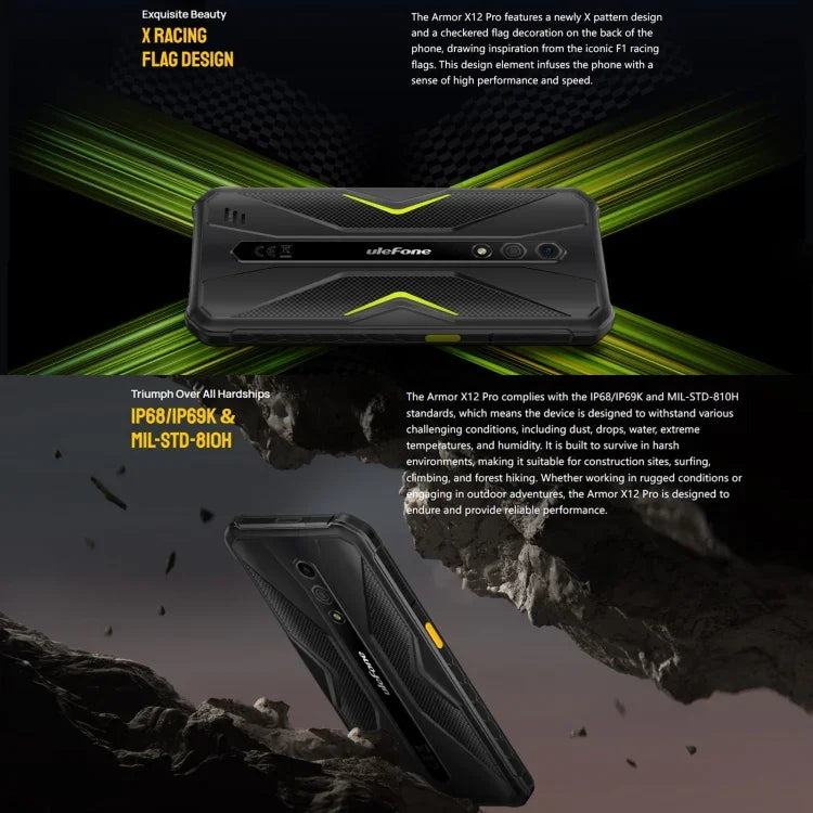 Ulefone Armor X12 Pro, téléphone robuste certifié IP68/IP69K, écran 5,45 pouces, Android 15, processeur octa-core MediaTek Helio G36, réseau : 4G, NFC, 4 Go de RAM + 64 Go de stockage