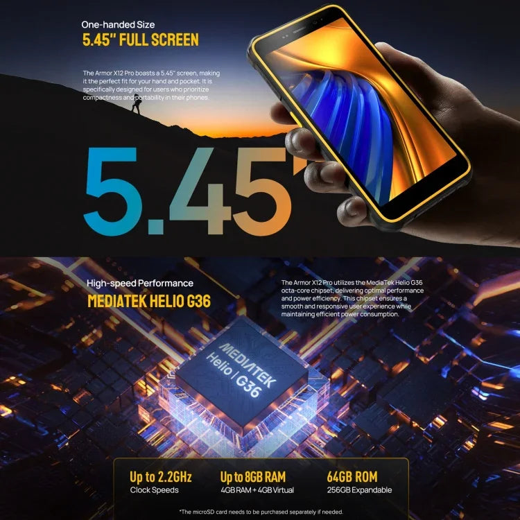 Ulefone Armor X12 Pro, téléphone robuste certifié IP68/IP69K, écran 5,45 pouces, Android 15, processeur octa-core MediaTek Helio G36, réseau : 4G, NFC, 4 Go de RAM + 64 Go de stockage