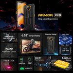 Ulefone Armor X13, téléphone robuste IP68/IP69K, écran 6,52 pouces, Android 15, processeur octa-core MediaTek Helio G36, réseau : 4G, NFC, OTG, 6 Go + 64 Go